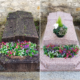 Deux petites tombes avant/après nettoyage: à gauche pierre sombre couverte de mousse et fleurs multicolores au pied; à droite pierre claire fraîchement nettoyée avec arrangement floral et pot de fleurs au sommet.