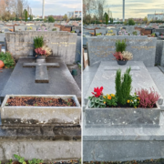 Deux tombes avant/après nettoyage et fleurissement : à gauche, tombe sombre avec vase et jardinier; à droite, tombe rectifiée avec fleurs variées et verdure parfumée.