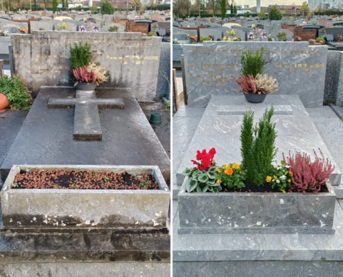 Deux tombes avant/après nettoyage et fleurissement : à gauche, tombe sombre avec vase et jardinier; à droite, tombe rectifiée avec fleurs variées et verdure parfumée.