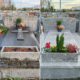 Deux tombes avant/après nettoyage et fleurissement : à gauche, tombe sombre avec vase et jardinier; à droite, tombe rectifiée avec fleurs variées et verdure parfumée.