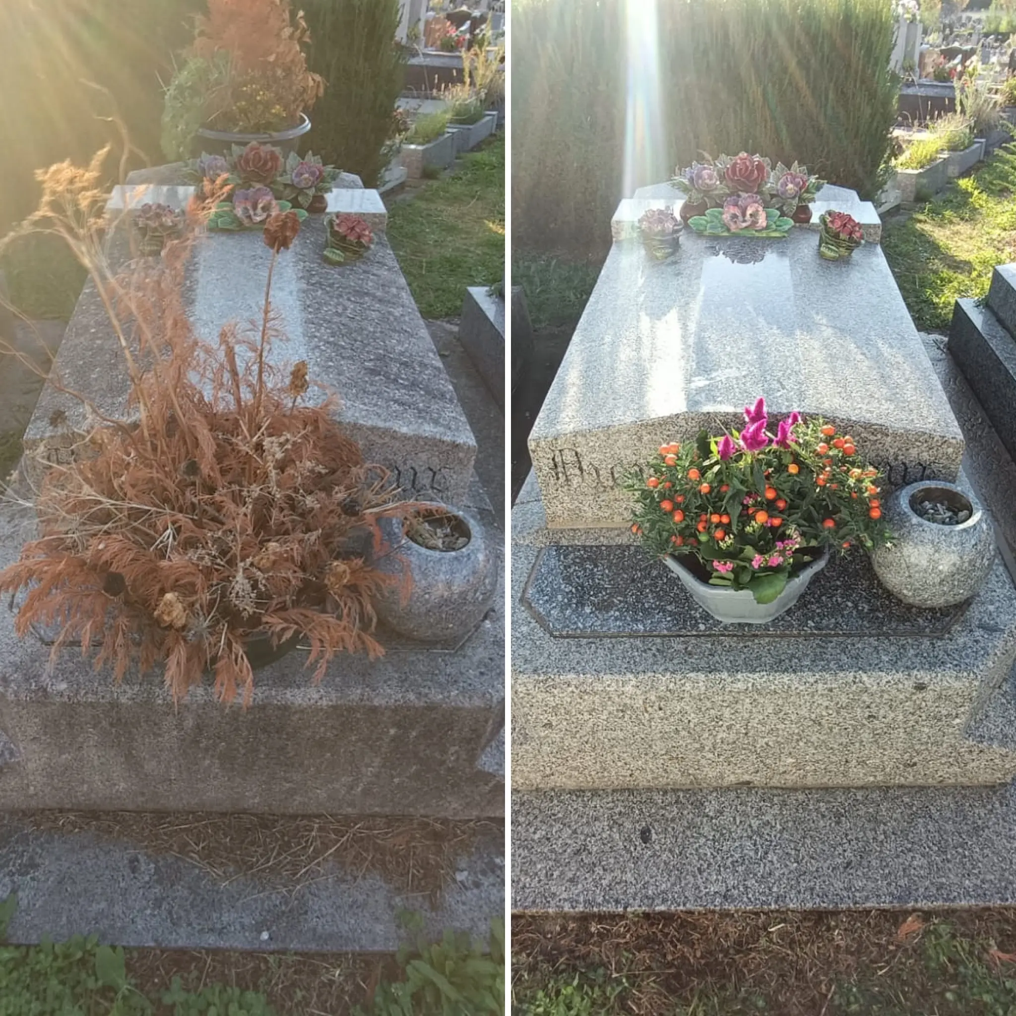 Deux tombes avant/après nettoyage et fleurissement: left, cadre gravé avec bouquet fané; right, tombine fraîchement nettoyée avec pot de fleurs colorées et composition florale. Deux tombes avant/après nettoyage et fleurissement: left, cadre gravé avec bouquet fané; right, tombine fraîchement nettoyée avec pot de fleurs colorées et composition florale.