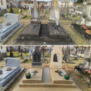 Deux tombes au cimetière avant/après nettoyage: pierre sombre avant, puis monument réhabilité avec structure claire et orchidées en pots.