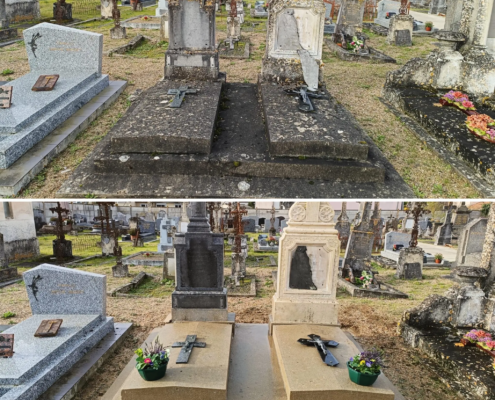 Deux tombes au cimetière avant/après nettoyage: pierre sombre avant, puis monument réhabilité avec structure claire et orchidées en pots.