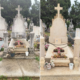 Deux tombes côte à côte dans un cimetière: avant/ancien et après entretien, avec croix, fleurs et petits ornements sur les dalles et le devant.