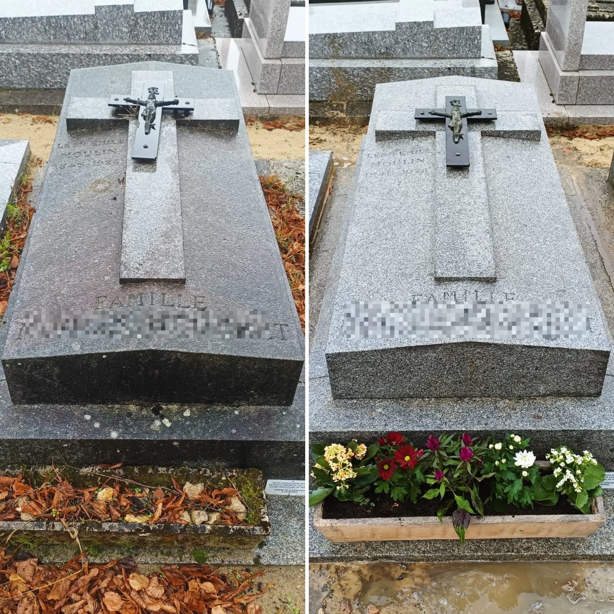 Deux tombes en pierre grise avec croix métallique au sommet; l’une avant et l’autre après nettoyage, fleurs fraîches en jardinière. Deux tombes en pierre grise avec croix métallique au sommet; l’une avant et l’autre après nettoyage, fleurs fraîches en jardinière.