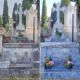 Deux tombes similaires en pierre dans un cimetière: devant des socles marbrés et des croix, fleurs variées en pots sur les marches.