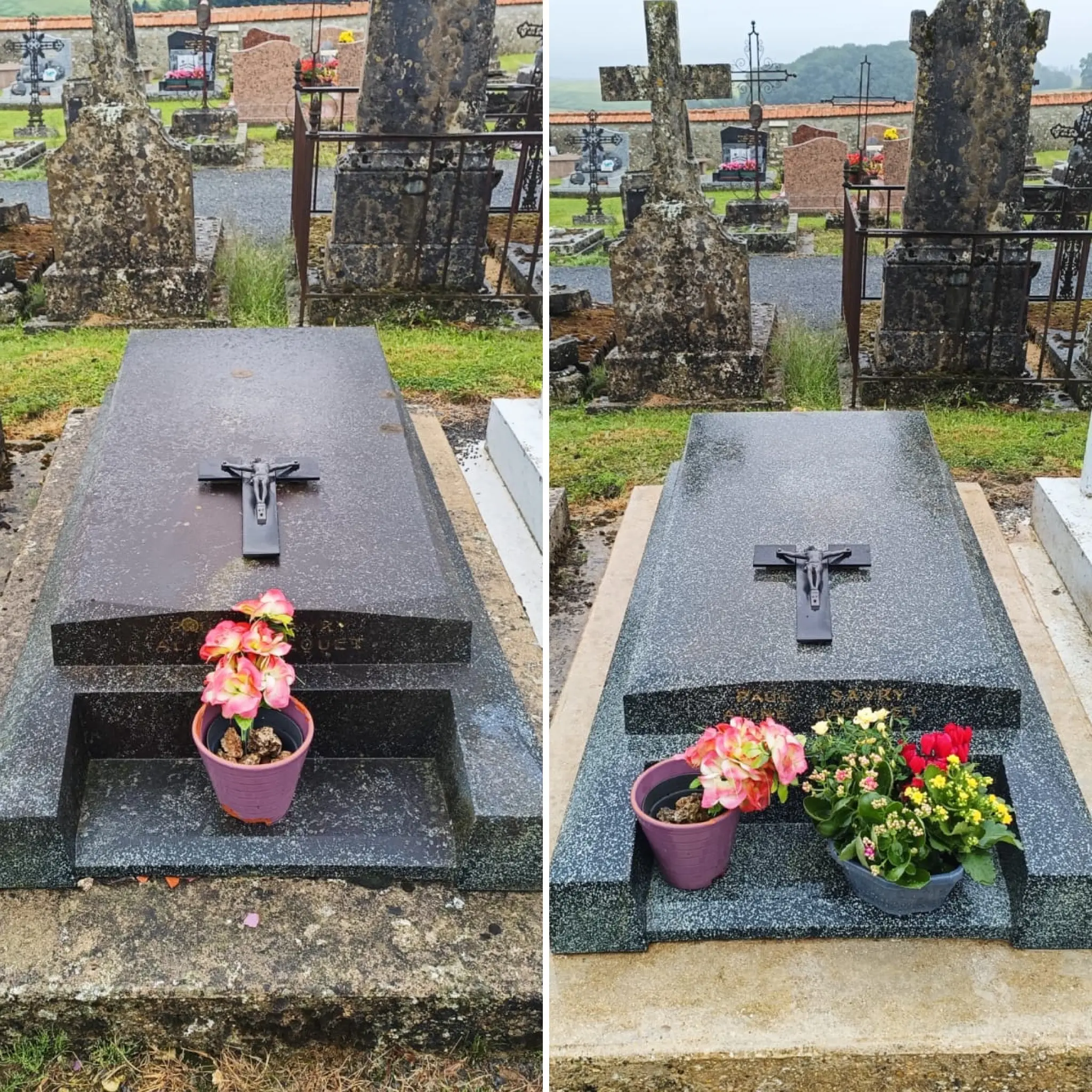 Deux tombes voisines avant/après entretien: plateau brouillé par la pluie, jardinières avec fleurs colorées posées au sol devant la pierre.