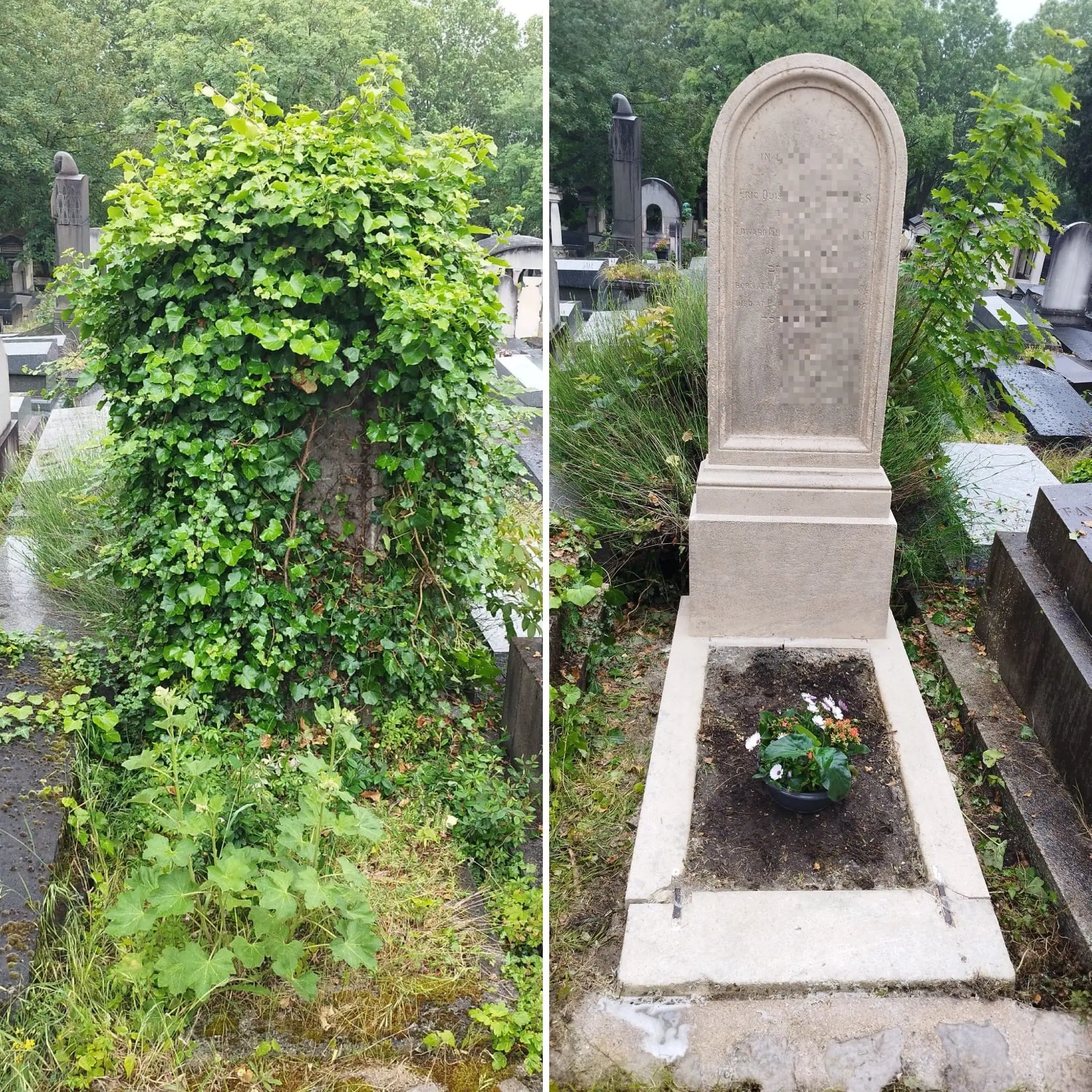 Deux vues d’une tombe: à gauche, un tertre recouvert de végétation dense et une vigne qui grimpe; à droite, la même tombe dégagée, laissant apparaître la pierre tombale rectangulaire et un petit pot de fleurs au centre du carré de terre entouré de gravats.