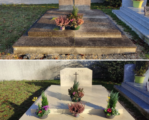 Deux vues d’une tombe avant/après entretien: nettoyage, fleurissement avec plantes de saison et fleurs artificielles selon demande, sur une dalle beige.