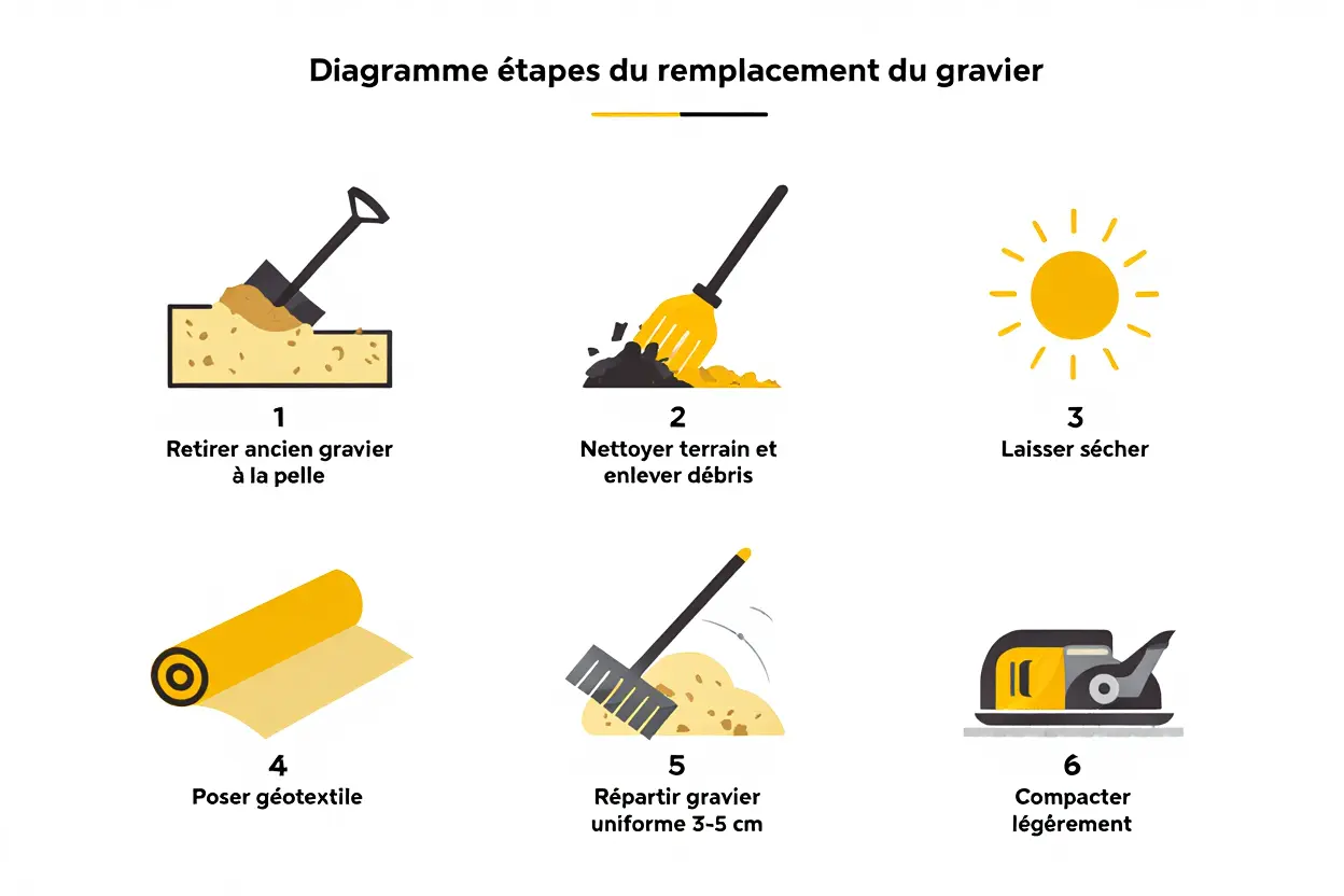 Diagramme des étapes du remplacement du gravier avec l’accent sur des plantes sans entretien pour cimetière, étape par étape.