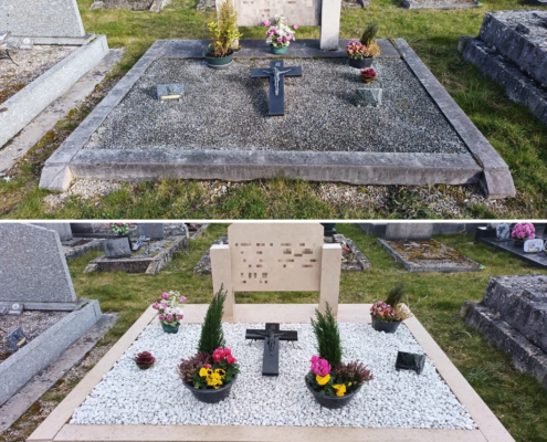 Entretien fleurissement sépulture conseils: tombe carrée avec crucifix noir, décorées de pots de fleurs colorées et gravier blanc, avant/après rénovation visible.