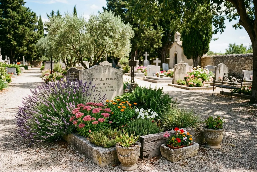 Jardin funéraire coloré avec des plantes vivaces et fleurs en massif autour d’une stèle, sur un cimetière calme. plante sans entretien pour cimetière
