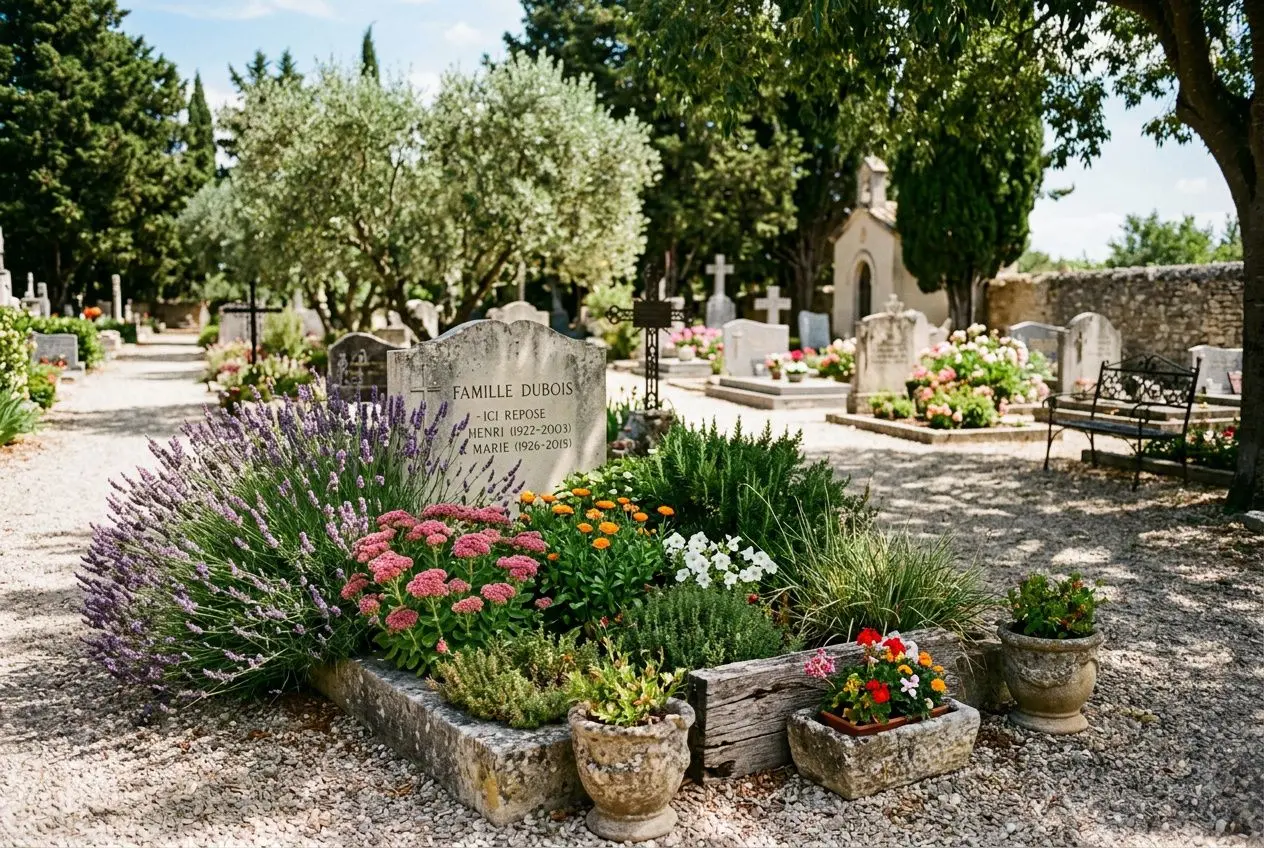 Jardin funéraire coloré avec des plantes vivaces et fleurs en massif autour d’une stèle, sur un cimetière calme. plante sans entretien pour cimetière