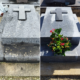 Légende: tombe de cimetière en granit avec croix gravée, avant et après nettoyage. À gauche, surface tachée et lichens; à droite, façade nettoyée avec fleurs décoratives posées à la base.