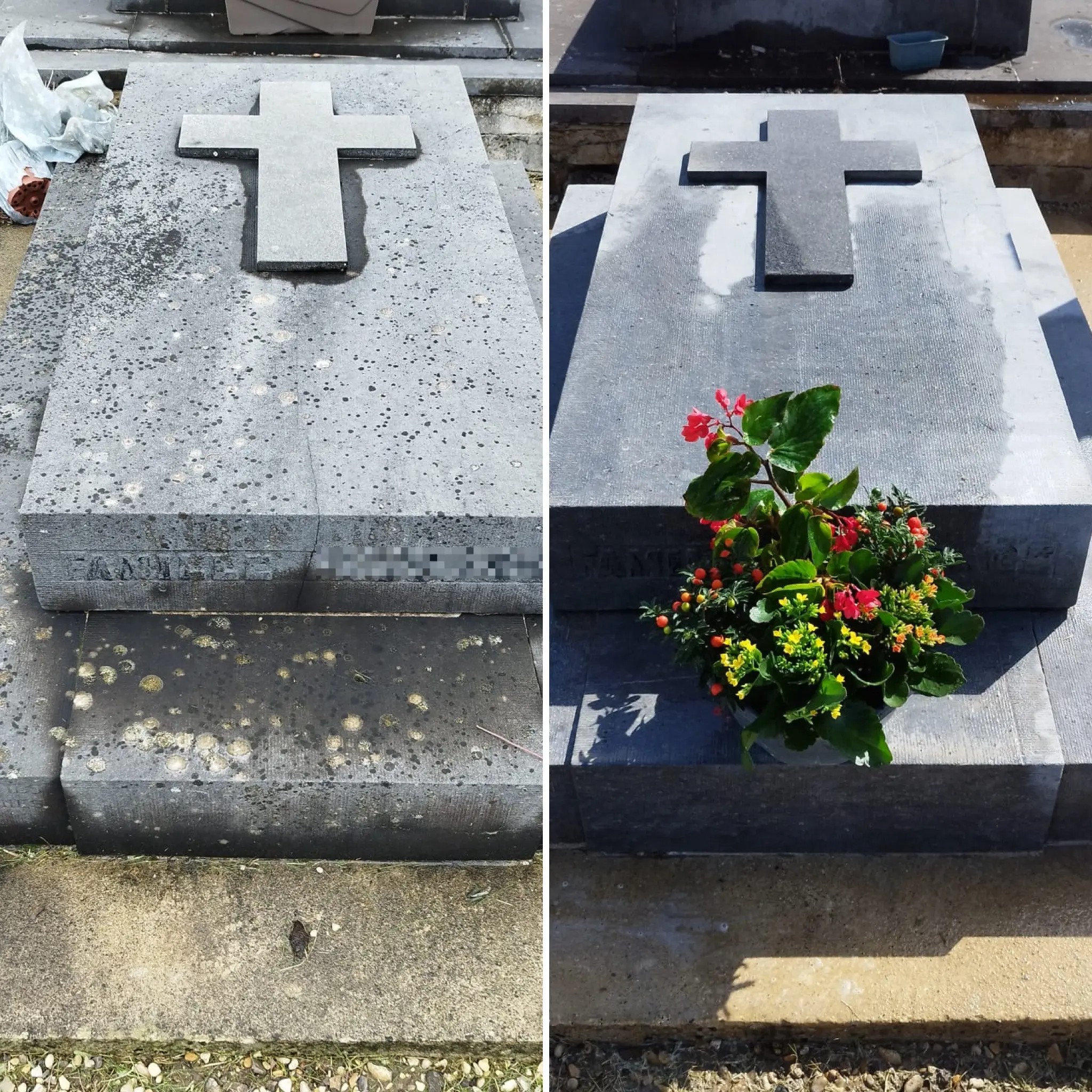 Légende: tombe de cimetière en granit avec croix gravée, avant et après nettoyage. À gauche, surface tachée et lichens; à droite, façade nettoyée avec fleurs décoratives posées à la base.