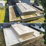 Nettoyage et fleurissement d’un tombeau en pierre dans un cimetière, avant/après traitement: zone entourée de gravats et gravier blanc, végétation et pierres tombales voisines.