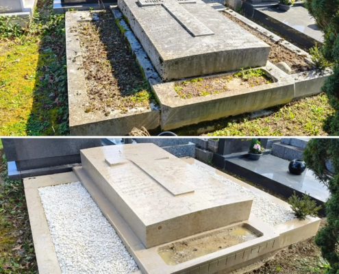 Nettoyage et fleurissement d’un tombeau en pierre dans un cimetière, avant/après traitement: zone entourée de gravats et gravier blanc, végétation et pierres tombales voisines.