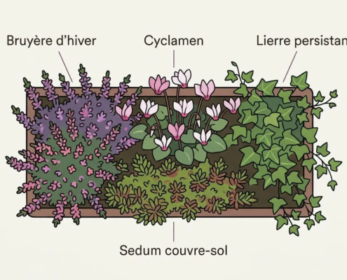 Planter de fleurs en hiver: bruyère d’hiver, cyclamen et lierre persistant sur un couvre-sol en sédum, illustrations de plantation. Entretien fleurs tombe hiver.