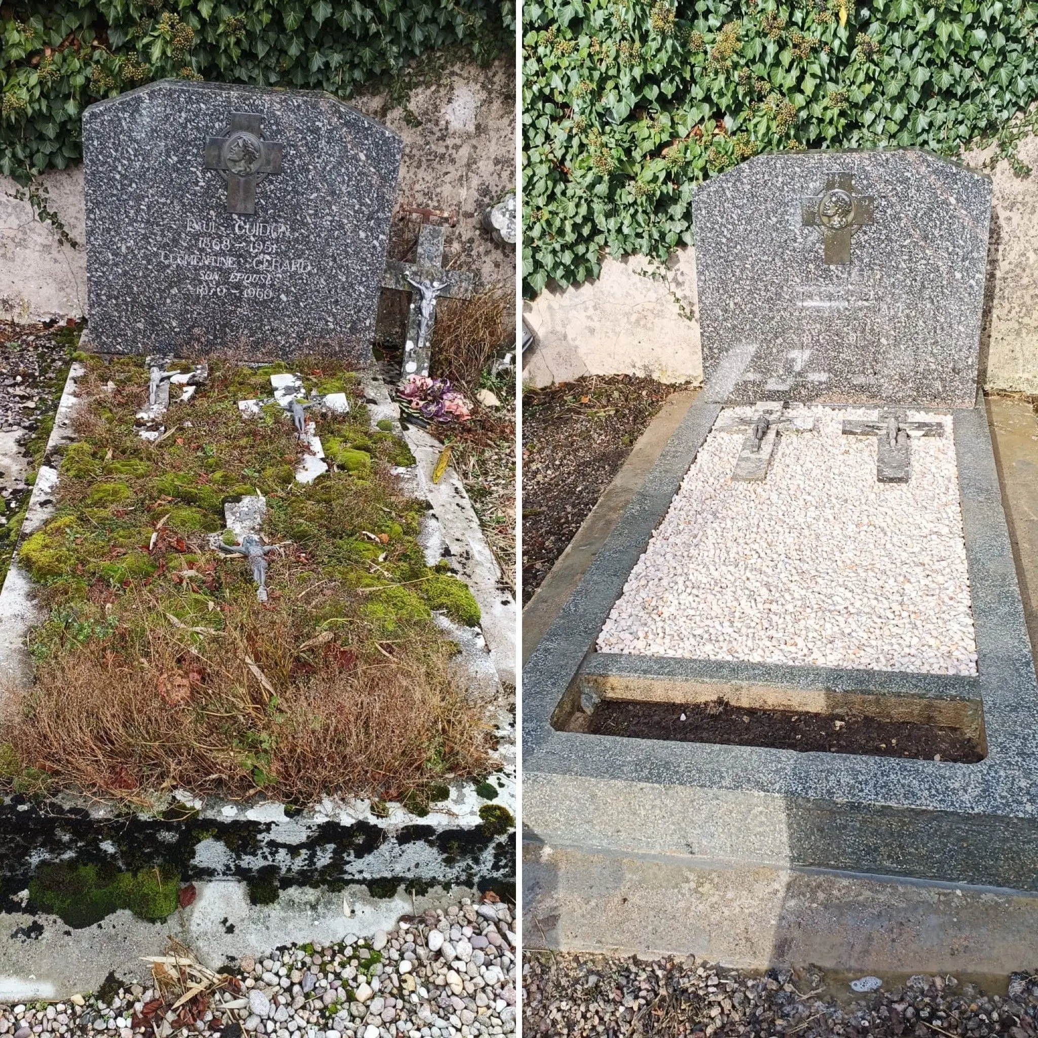 Tombe avant/après nettoyage écologique:haie de granit avec croix et marguerite au pied; état envahi par mousse et végétation vs nettoyage et gravier blanc recouvrant la surface.