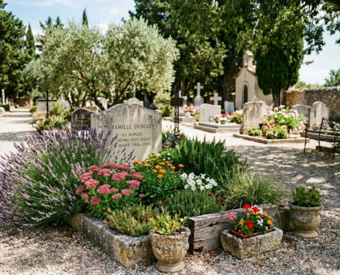 Tombe décorée avec des fleurs et des plantes résistantes, lavandes et succulentes, bouquet coloré dans un jardin funéraire. fleurs qui tiennent longtemps cimetière