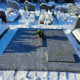 Tombe en granit décorée d'une petite plante en pot au centre, entourée de tombes enneigées et de vases fleuris, ambiance hivernale. Fleur pour le cimetière en hiver intégrée naturellement.