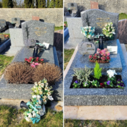 Tombe ornée de fleurs artificielles et naturelles variées, bouquet blanc vert et rose posé sur la dalle, végétation décorative autour du dessus et en jardinière latérale. Fleurs artificielles ou naturelles tombe adaptées à un cimetière.