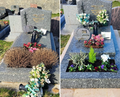 Tombe ornée de fleurs artificielles et naturelles variées, bouquet blanc vert et rose posé sur la dalle, végétation décorative autour du dessus et en jardinière latérale. Fleurs artificielles ou naturelles tombe adaptées à un cimetière.