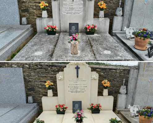 Tombe ornée de fleurs et d’un cadre photo devant un mur en pierre, avant et après nettoyage, avec bouquets sur les côtés et bougie centrale. Entretien tombe date anniversaire mis en valeur.
