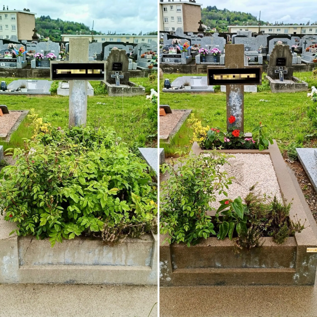 Tombes dans un cimetière avec jardinières avant/après nettoyage, fleurs et verdure abondantes sur la tombe gauche; tombe droite entretenue avec plantes et gravier propres.