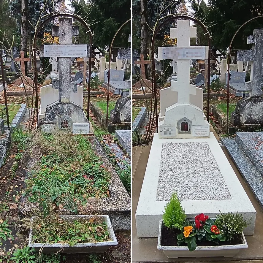 Alt text: Cimetière avec une pierre tombale en béton avant et après nettoyage, comparaison côté gauche sale et envahie de végétation, côté droit propre et fleurie, cadre en fer au-dessus avec dalles et gravures. Inclut bouquet de fleurs en avant. Comment nettoyer une tombe en béton.