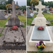 Alt: Tombes en respectant la mémoire, avant et après nettoyage écologique avec fleurissement saisonnier sur une sépulture, incluant fleurs et lissage de la pierre.