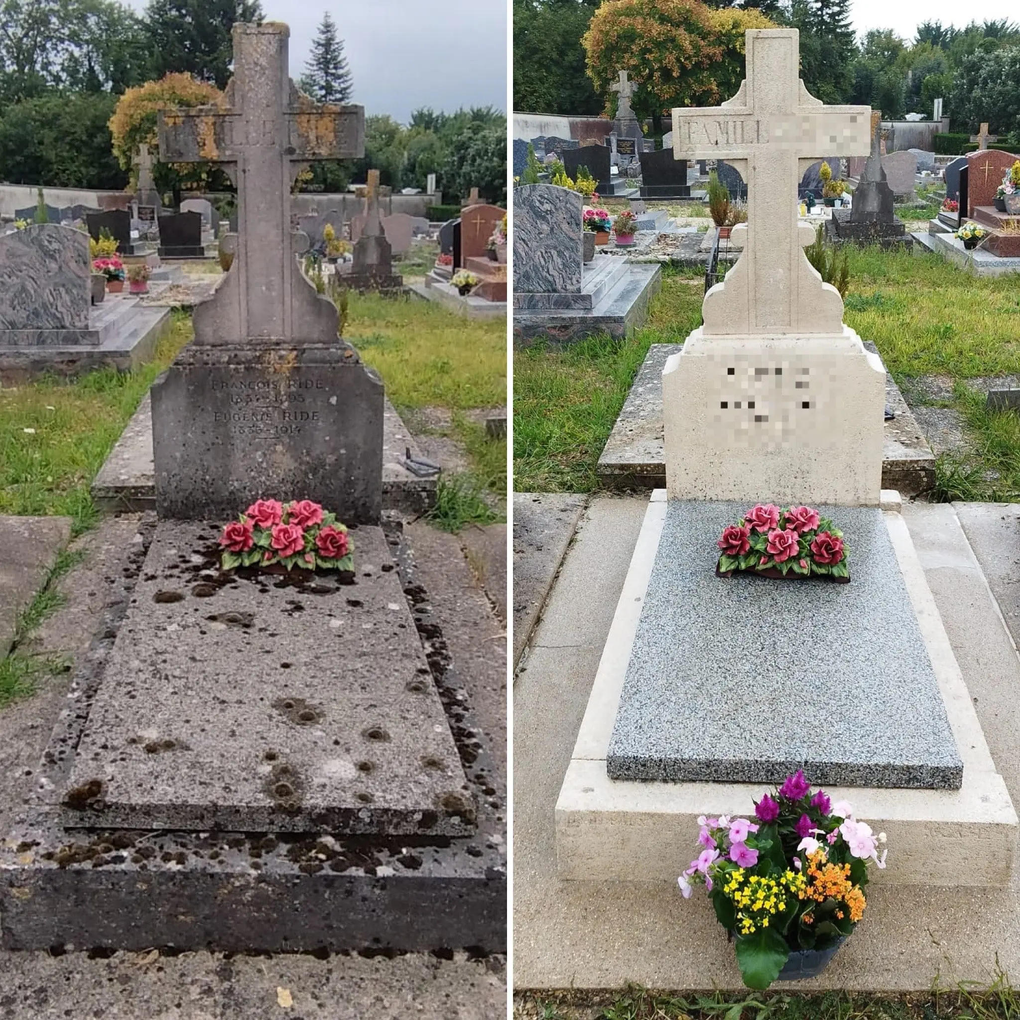 Alt: Tombes en respectant la mémoire, avant et après nettoyage écologique avec fleurissement saisonnier sur une sépulture, incluant fleurs et lissage de la pierre. Alt: Tombes en respectant la mémoire, avant et après nettoyage écologique avec fleurissement saisonnier sur une sépulture, incluant fleurs et lissage de la pierre.