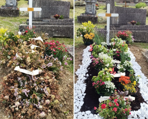 Deux tombes avant/après entretien: à gauche, jardinière vieillie de fleurs fanées et feuilles mourantes; à droite, tombe fleurie avec jardinière colorée, croix blanche et bordure de galets blancs.