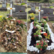Deux tombes avant/après entretien: à gauche, jardinière vieillie de fleurs fanées et feuilles mourantes; à droite, tombe fleurie avec jardinière colorée, croix blanche et bordure de galets blancs.