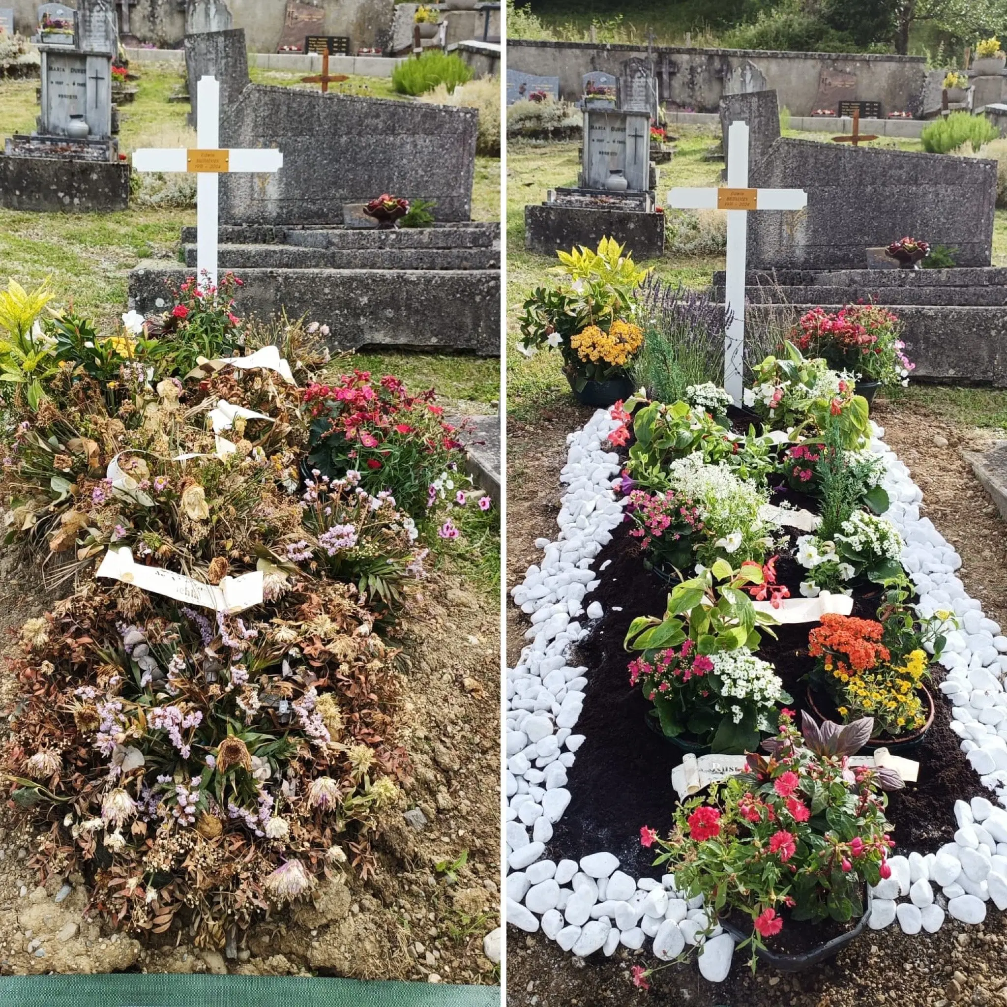 Deux tombes avant/après entretien: à gauche, jardinière vieillie de fleurs fanées et feuilles mourantes; à droite, tombe fleurie avec jardinière colorée, croix blanche et bordure de galets blancs. Deux tombes avant/après entretien: à gauche, jardinière vieillie de fleurs fanées et feuilles mourantes; à droite, tombe fleurie avec jardinière colorée, croix blanche et bordure de galets blancs.