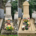 Deux tombes avant/après entretien: jardinières et fleurs fraîches disposées sur la plateforme, pots colorés, pierres tombales et gravures visibles, nettoyage et fleurissement récent.