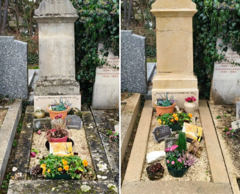 Deux tombes avant/après entretien: jardinières et fleurs fraîches disposées sur la plateforme, pots colorés, pierres tombales et gravures visibles, nettoyage et fleurissement récent.