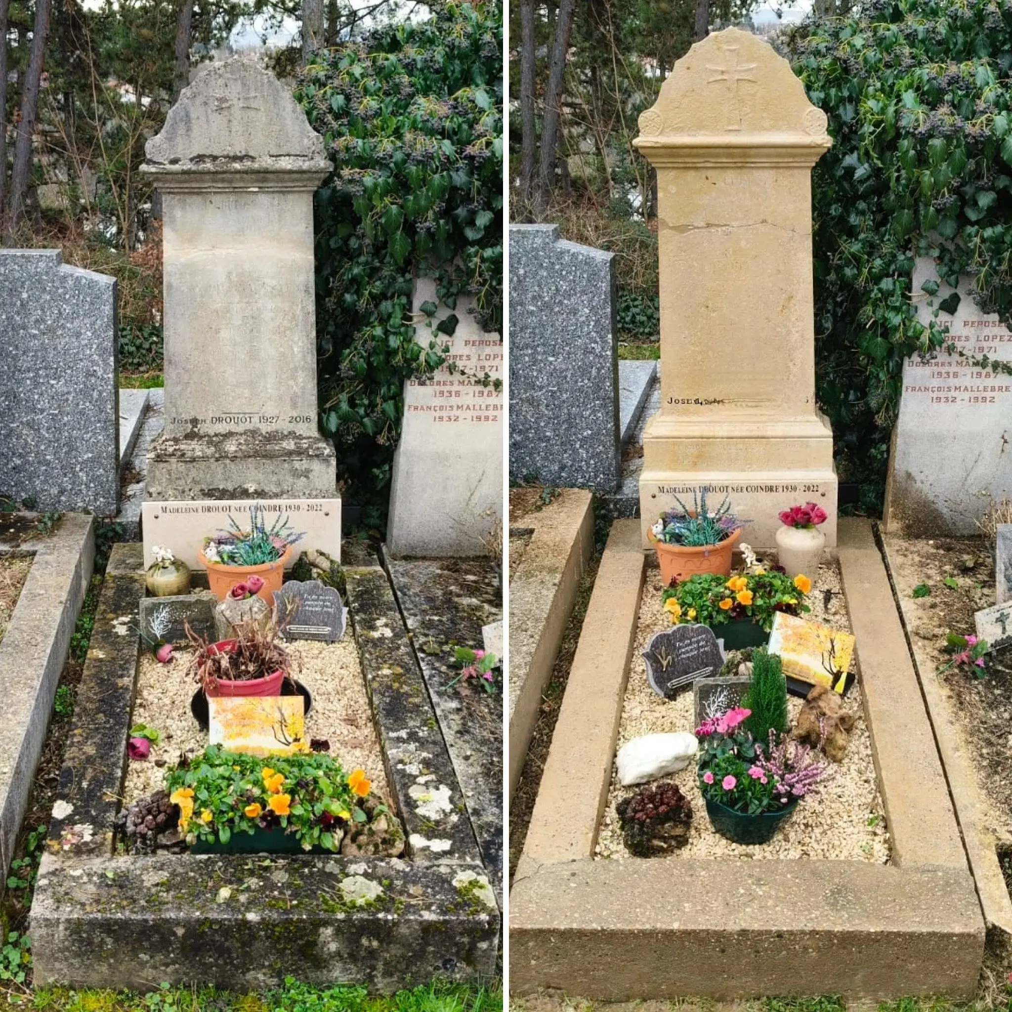 Deux tombes avant/après entretien: jardinières et fleurs fraîches disposées sur la plateforme, pots colorés, pierres tombales et gravures visibles, nettoyage et fleurissement récent. Deux tombes avant/après entretien: jardinières et fleurs fraîches disposées sur la plateforme, pots colorés, pierres tombales et gravures visibles, nettoyage et fleurissement récent.