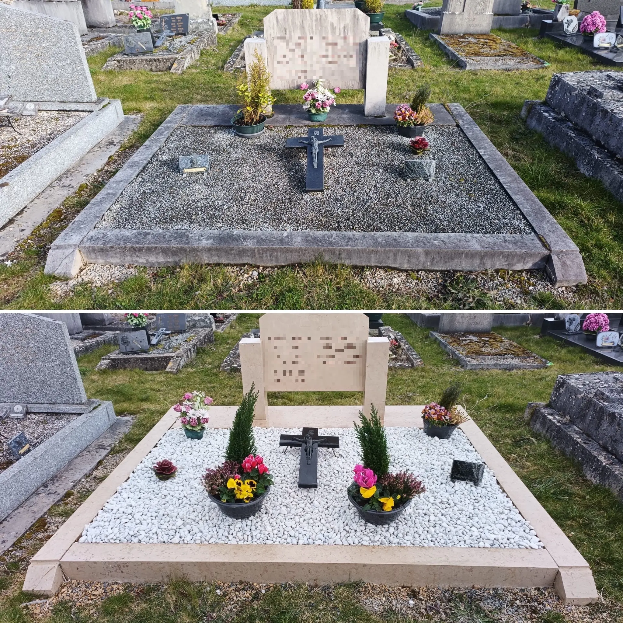 Deux tombes avant/après réaménagement : d’abord une plaque sombre et gravats sur échiquier, puis une dalle claire avec gravure lisible, croix centrale et pots de fleurs autour. Le tout souligne le thème "transfert de corps d'un cimetière à un autre" et met en évidence la procédure et l’embellissement du caveau.