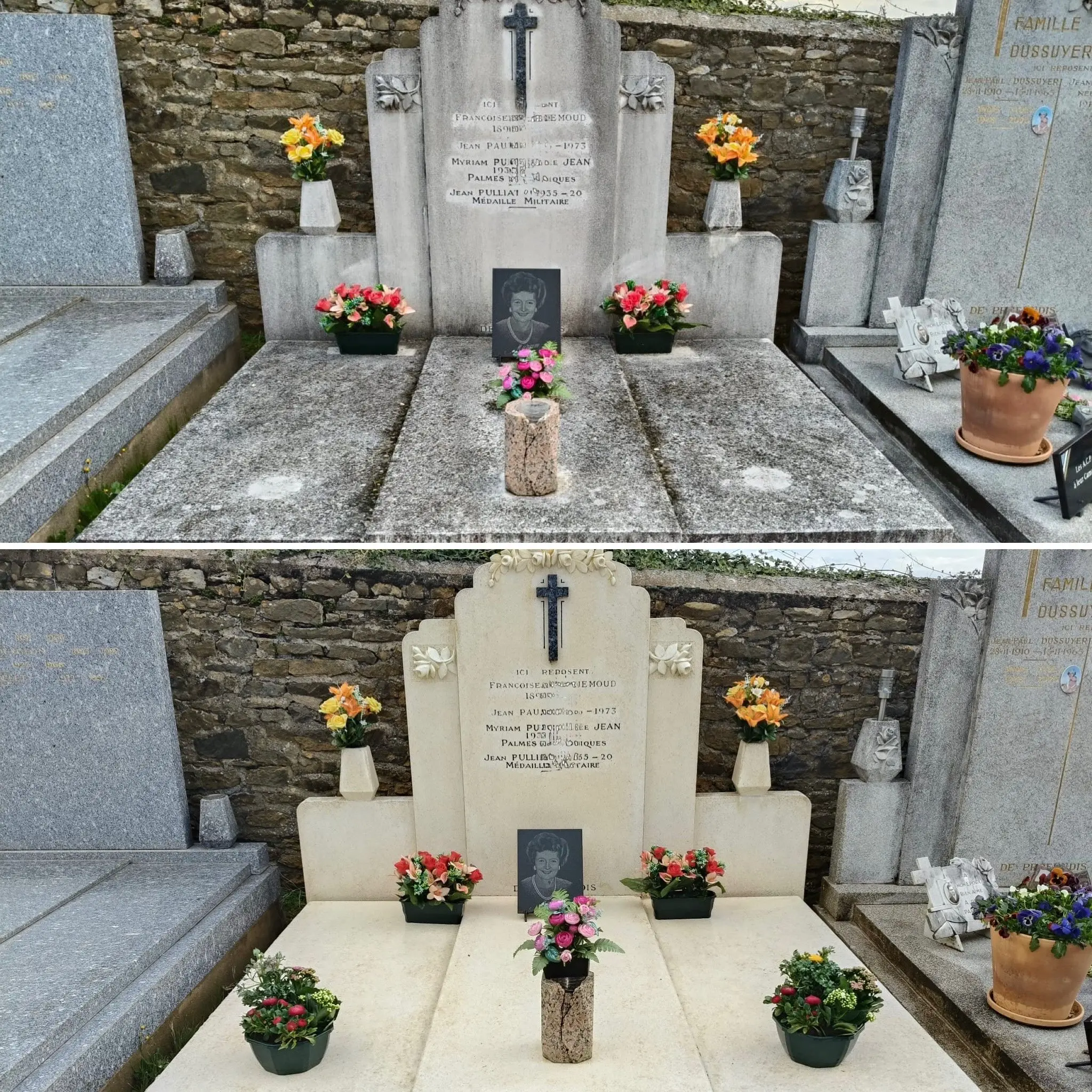Deux tombes dans un cimetière, avant et après nettoyage: fleurs fraîches dans des vases, plaques gravées et cadres photo placés devant les pierres tombales. Deux tombes dans un cimetière, avant et après nettoyage: fleurs fraîches dans des vases, plaques gravées et cadres photo placés devant les pierres tombales.