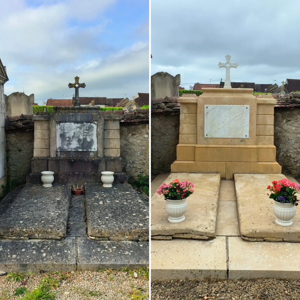 Deux tombes dans un cimetière : avant (gauche) plaque érodée et pierre sombre; après (droite) restauration avec monument propre et vase de fleurs.