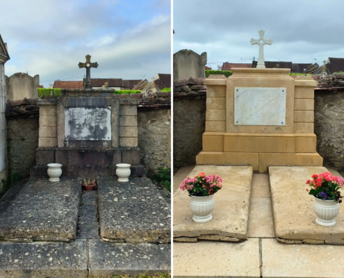 Deux tombes dans un cimetière : avant (gauche) plaque érodée et pierre sombre; après (droite) restauration avec monument propre et vase de fleurs.