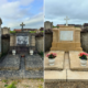 Deux tombes dans un cimetière : avant (gauche) plaque érodée et pierre sombre; après (droite) restauration avec monument propre et vase de fleurs.