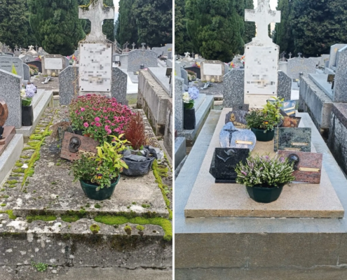 Deux tombes de cimetière en béton avant/après nettoyage: la première montre pierre recouverte de mousse et salissures, la seconde est propre et lumineuse avec des plantes en pot.