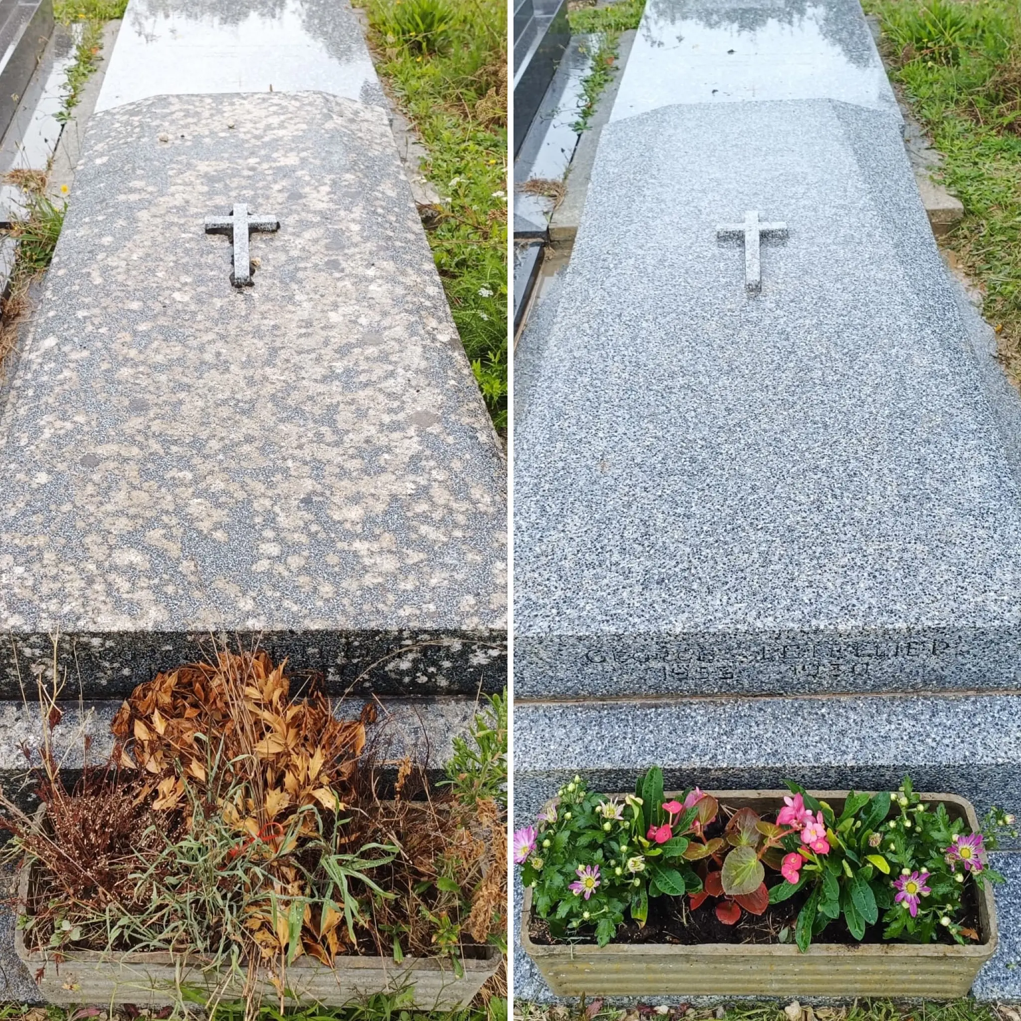 Deux tombes côte à côte matinées d’un massif en granit avec croix gravée; à gauche, vegetation sèche et feuilles mortes autour d’une jardinière; à droite, jardinière fleurie avec petites plantes et fleurs colorées, démontrant l’entretien de la concession funéraire.