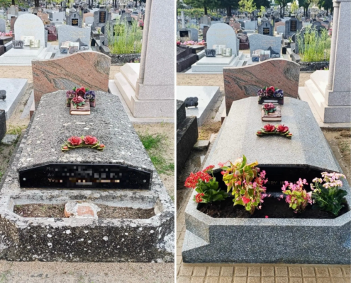Deux tombes identiques dans un cimetière : avant (à gauche) et après (à droite) rénovation, fleurs fraîches déposées sur la dalle et dans le bassin ouvert. Motif de droit concession funéraire héritage intégré.