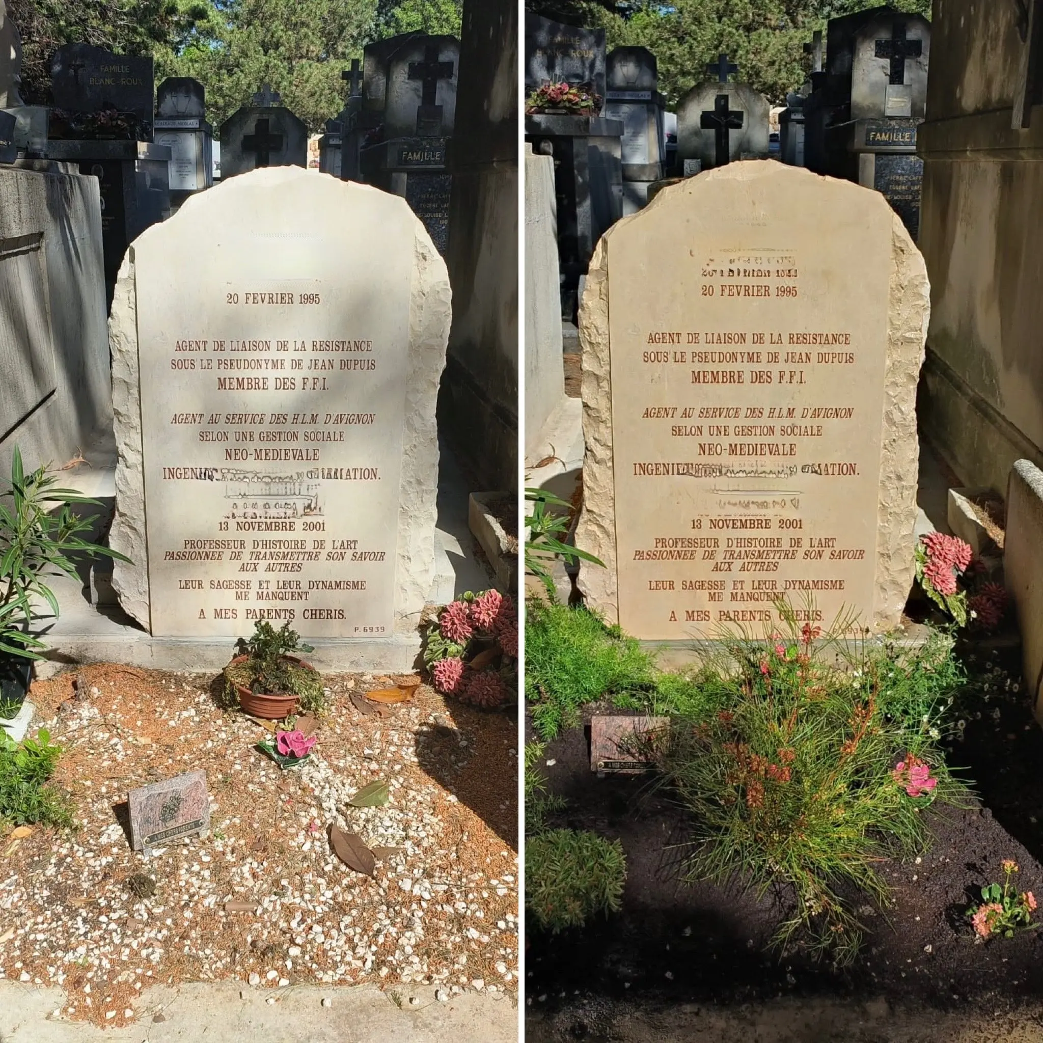 Deux tombes identiques dans un cimetière, fleurs et gravures visibles, nettoyage écologique et fleurissement, plantes de saison autour. Deux tombes identiques dans un cimetière, fleurs et gravures visibles, nettoyage écologique et fleurissement, plantes de saison autour.