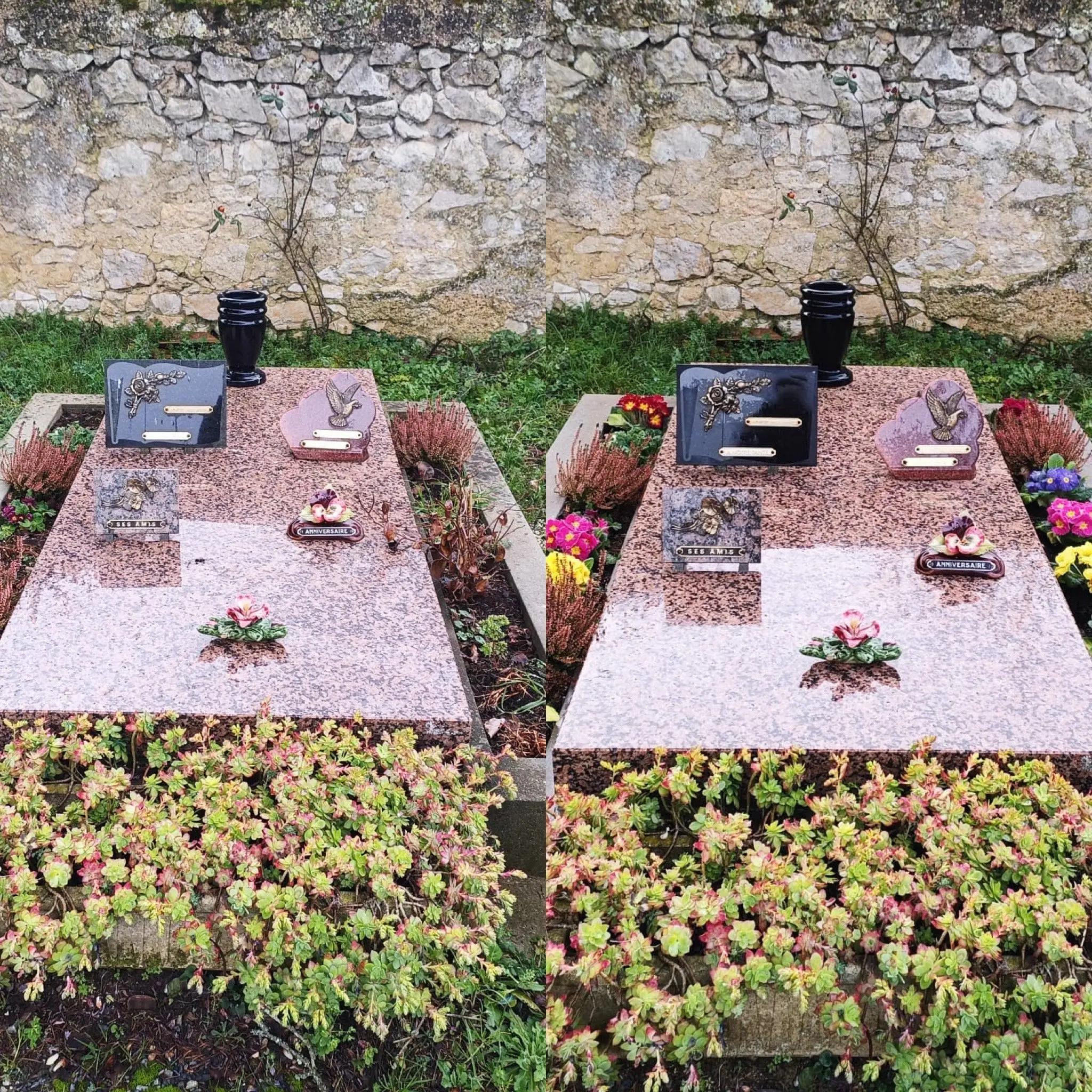 Deux tombes jumelles en granit rose, entourées de petites plantes vertes et fleurs, avec plaques et décorations funéraires. Deux tombes jumelles en granit rose, entourées de petites plantes vertes et fleurs, avec plaques et décorations funéraires.