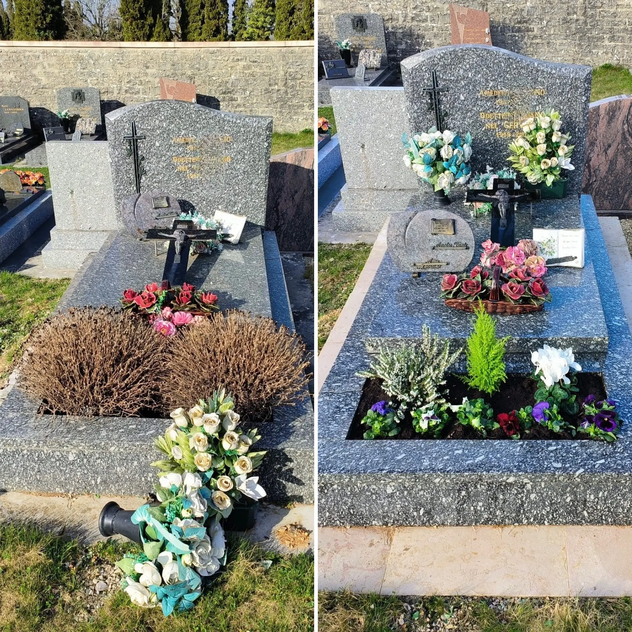Deux tombes magnifiquement décorées avec des bouquets et arrangements floraux durables sépulture, fleurs artificielles et feuillages disposés sur les pierres grises, avec des compositions blanches et roses ajoutant une touche de couleur.