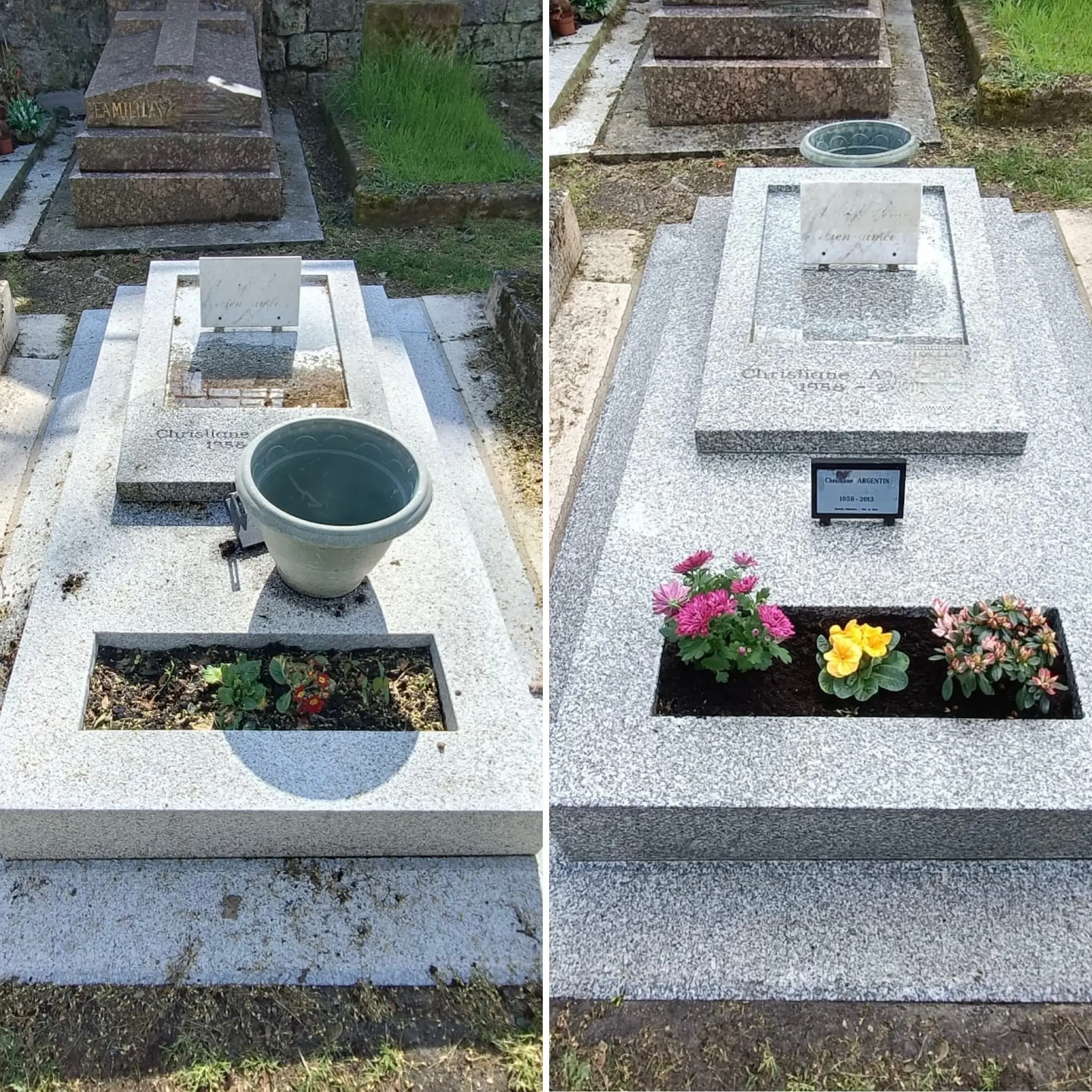 Deux tombes en pierre grise, vignette avant/après: vasque et pot posé, puis tombe fleurie avec petites plantes colorées. Inclut le contexte sur le droit concession funéraire héritage et transmission en indivision.